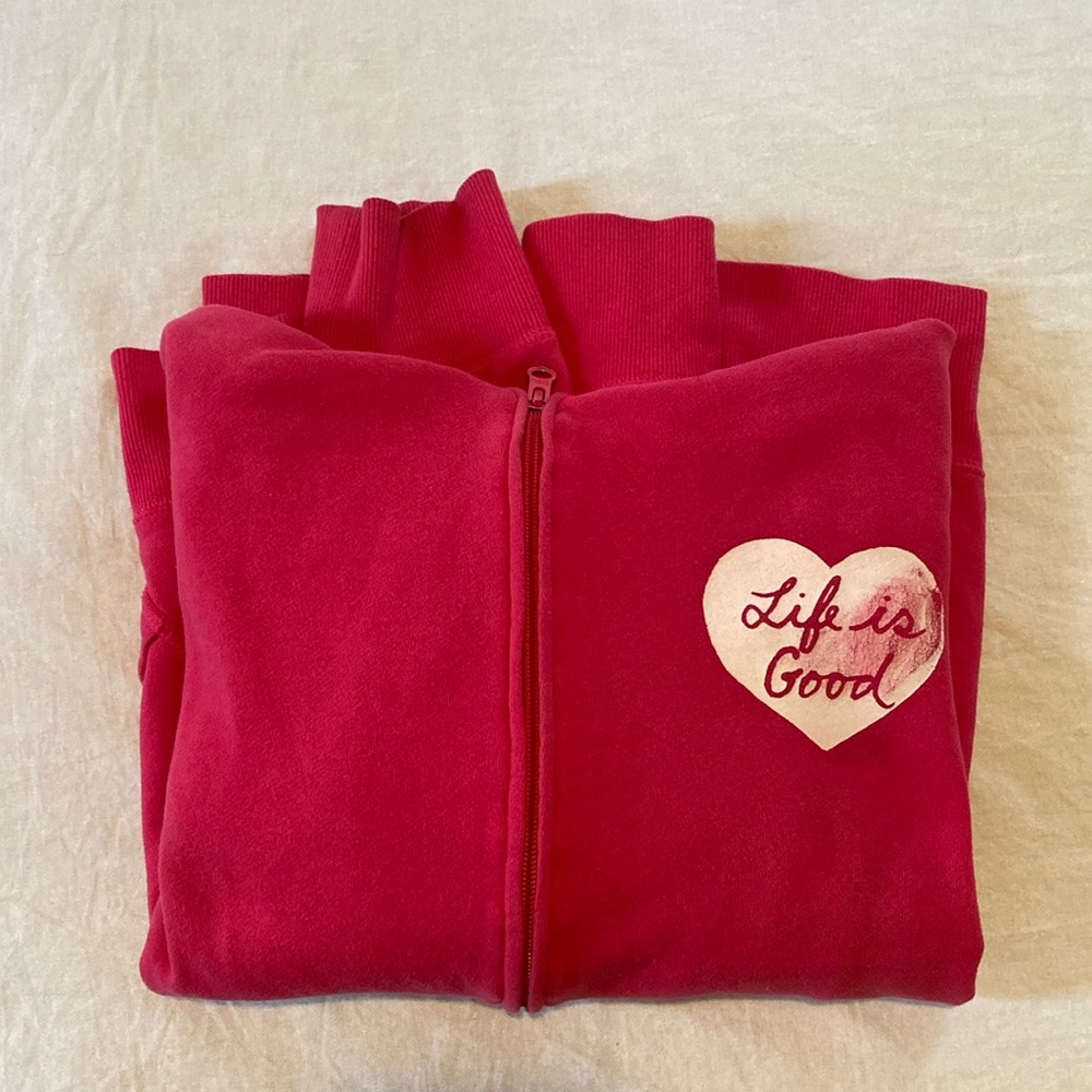 Life is Good Hoodie XS Hot Pink Good Vibes Heart Relaxed Fit Full Zip